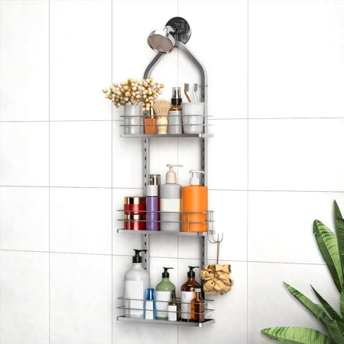 Shower Caddy Hanging (Silver), Adjustable Anti-Swing-Over The Shower Head Caddy, 3 Tier Height Bathroom Storage Organizer Bathroom Shelves Basket Rack Shower Caddies (3Tier) by Aquohola
