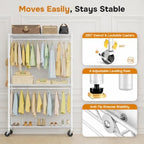 Simple Deluxe Rolling Clothes Rack, Heavy Duty Clothing Rack, 3-Shelf Portable Adjustable Wardrobe Closet with Wheels, Hanging Rods & Side Hooks, 43.3" W x 17.7" D x 80.3" H, White - Image 4