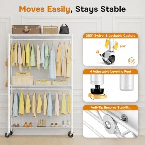 Simple Deluxe Rolling Clothes Rack, Heavy Duty Clothing Rack, 3-Shelf Portable Adjustable Wardrobe Closet with Wheels, Hanging Rods & Side Hooks, 43.3" W x 17.7" D x 80.3" H, White - Image 4