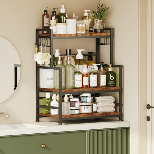 23.6"W Large Kitchen Countertop Organizer,3 Tier Spice Rack Organizer with Adjustable Shelf and 10 Hooks,Wooden Counter Organizer,Space Saving Countertop Shelf Microwave Stand for Kitchen,Coffee Bar - Image 5
