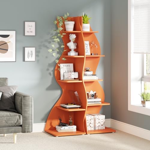 Tribesigns Corner Shelf, Modern 5-Tier Wall Corner Bookshelf, Stylish Corner Small Bookcase Storage Rack Plant Stand with Unique Shape for Living Room, Home Office (Orange, 2PCS) - Image 2