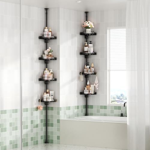 YCIA&DONE 360° Rotating Corner Shower Caddy Tension Pole, 4 Tiers Shower Organizer for Bathroom Shelf Bathtub, Adjustable Standing Shower Rack, Easily Assemble, 34-124 Inch Height, Black by YCIADONE
