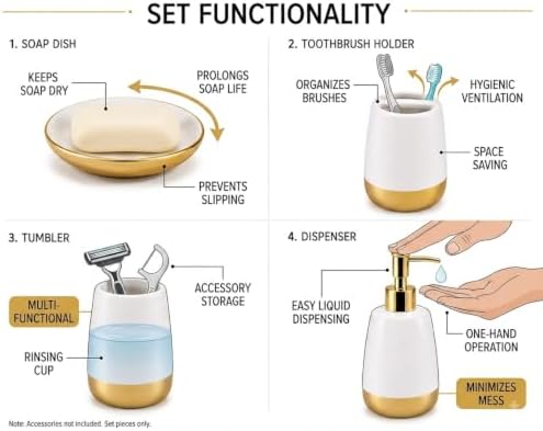 4-Piece Ceramic Bathroom Accessories Set, White and Gold Bathroom Set with Soap Dispenser, Toothbrush Holder, Tumbler and Soap Dish, Modern Vanity Countertop Decor - Image 4