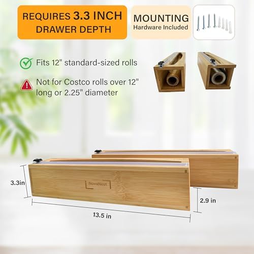 Wrap Organizer Dispenser with Cutter, (2 Piece Set), Fits 12" Rolls, Plastic Wrap, Aluminum Foil, Wax Paper, Saran Wrap, Cling Wrap Holder for Kitchen Storage, Mountable, Bamboo - Image 2