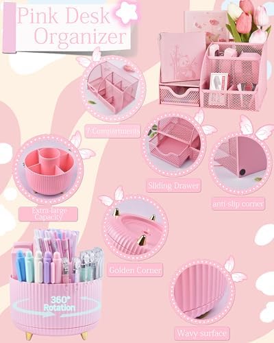 Pink Desk Accessories and Organizers with Desk Organizer and 360°Rotating Pen Holder stapler Pen and a Lot of Office Pink Office Supplies Beautifully Presented in a Gift Box - Image 2