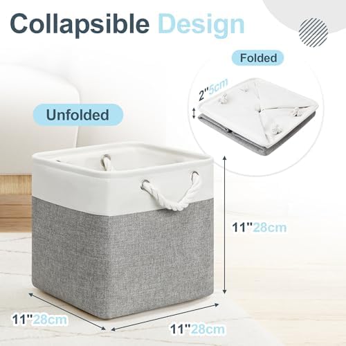 Posprica 11×11×11 Storage Cubes, Collapsible Storage Bins Organizer for Closet, Fabric Storage Box with Cotton Rope Handles, Decorative Storage Baskets for Shelves, set of 6 - White/Gray - Image 2