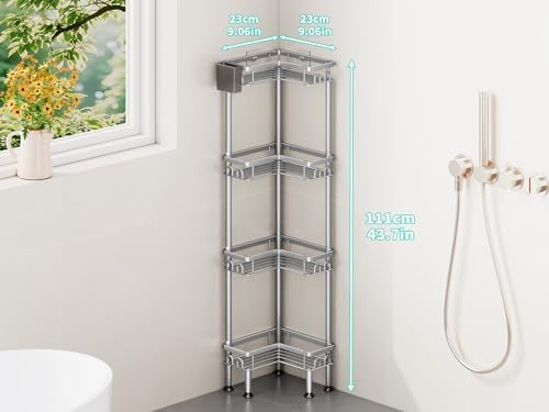 HapiRm Standing Shower Caddy Corner - 4 Tier Corner Shower Organizer with Toothbrush Holder and 16 Hooks, Large Capacity Rustproof Bathroom Shelves for Tall Bottles, Silver - Image 5