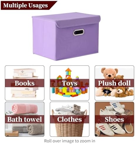 STOREONE Fabric Storage Cube Bins Foldable Organizer Container Collapsible Basket with Lids and Metal Handles, for Home, Bedroom, Closet 3 Pcs (multicolour-purple) - Image 3
