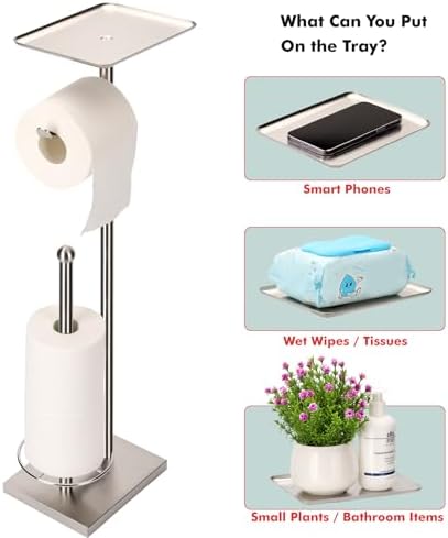 Toilet Paper Holder with Tray At the Top, Heavy-Weighted Stainless Steel Base No Wobbly, Freestanding Toilet Paper Rolls Stand, Hold Extra 3 Paper Rolls On the Base (Brushed Nickel) - Image 3
