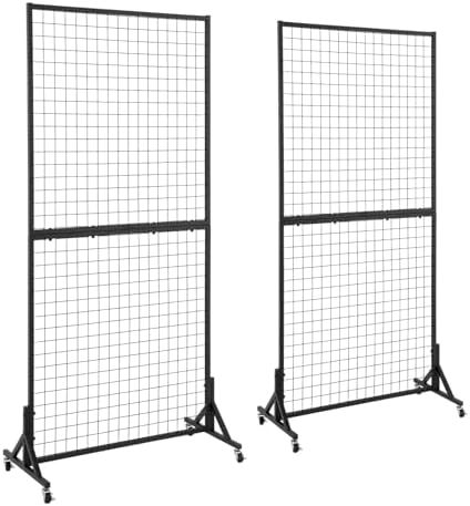 2 Packs 3' x 6' Grid Wall Panels Standing Wire Grid, Sturdy Display Rack with T-Base Wheels Freestanding Gridwall Panel Tower for Shows, Black by OUDUCK