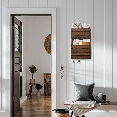 Mail Organizer Wall Mount with 4 Key Hooks, Rustic Wooden Hanging Mail Sorter Farmhouse Key Holder for Wall Decoration, 2-Slot Wall File and Magazines Bill Letter Holder (Brown) - Image 5
