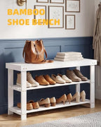 SMIBUY Bamboo Shoe Rack Bench, 3-Tier Shoe Organizer Storage Shelf for Entryway Hallway Bathroom Living Room (White) - Image 4