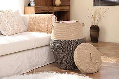 26"x20" Extra Large Tall Woven Laundry Basket with Lid, Cotton Rope Blanket Storage Basket, Freestanding Decorative Bin for Bedroom Living Room, Jute & Black Mix - Image 2