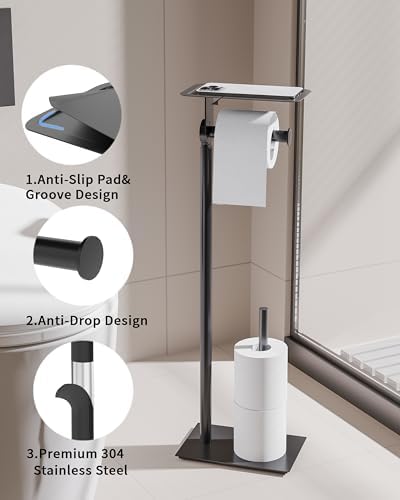 Toilet Paper Holder Stand, Free Standing Toilet Paper Holder with Shelf for Bathroom, Stainless Steel Toilet Paper Roll Holder with Storage, Reserve for 3 Rolls, Weighted Base(Matte Black) - Image 3