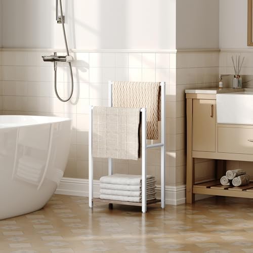 HOOBRO Free Standing Towel Rack for Bathroom, 2 Tier Blanket Rack, 16.5" L x 9.4" W x 31.5" H, Blanket Holder, Drying and Display Rack with Shelf, White and Grey WG02LB01 - Image 2