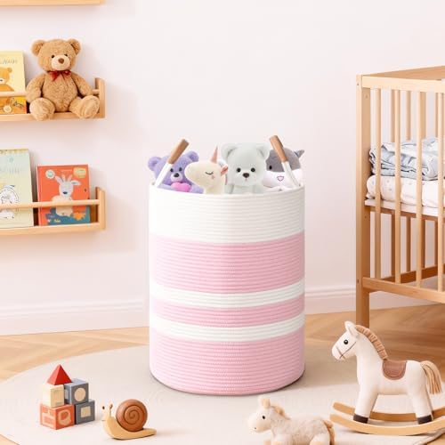 Large Laundry Basket, Laundry Hamper with Leather Handles, 60L Woven Dirty Clothes Hamper, Rope Hampers for Bedroom, Barthroom, Pink - Image 6