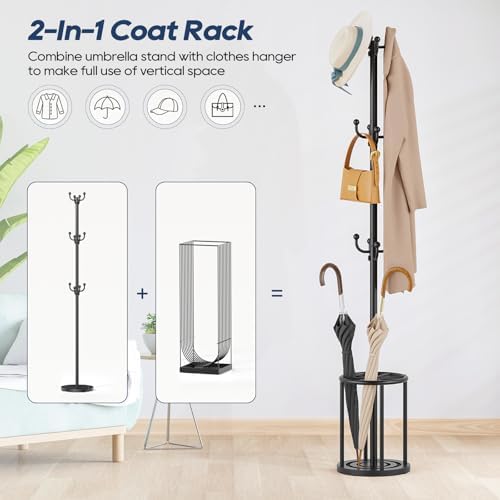 Coat Rack Freestanding, Black Coat Rack with Umbrella Holder, standing hat rack umbrella stand for entryway, coat hanger stand with 12 Hooks, office coat tree for Hat, Umbrella, jacket, Bag, Clothes - Image 2