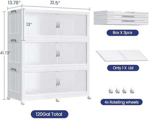 120GAL (480QT) Collapsible Plastic Storage Bins with Lid & Wheels, Extra Large Stackable Closet Organizers Storage Boxes, Folding Cabinet for Home Kitchen Office, 3Pack White - Image 2