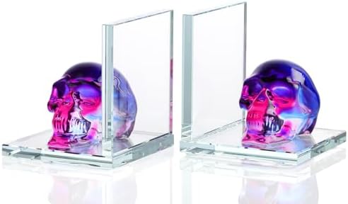 Glass Skull Book Ends for Shelves with Black and Purple Crystal Skulls by Ornalrist