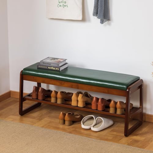 Solid Wood Shoe Rack Bench with Flip-Top Storage, Green, 39.4'' - Image 2
