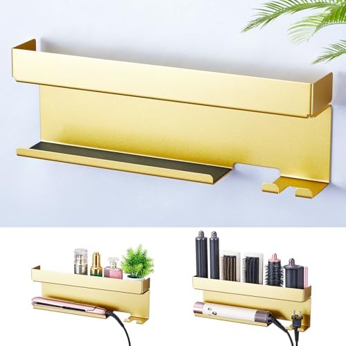 Blow Dryer Holder Wall Mounted Hair Straightener Holder, Blow Dryer and Curling Iron Holder for 7 in 1 Styler Attachments, Hair Dryer Holder, Bathroom Hair Tools Organizer (Gold) by WAYASI