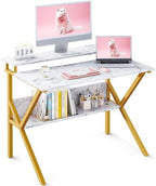 ODK 27.5 Inch Small Desk with Storage & Monitor Stand, White Marble by ODK