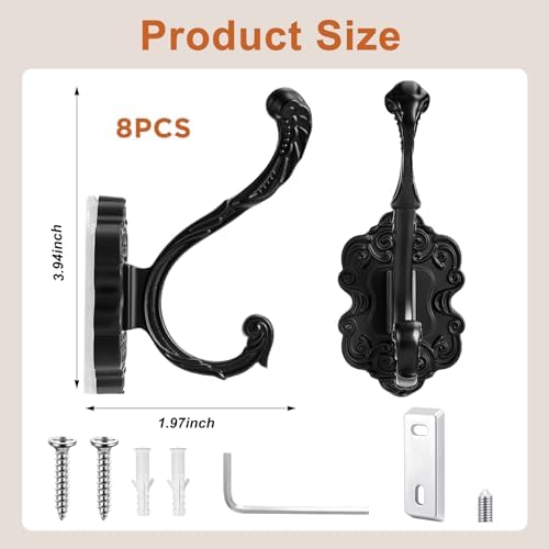 Zonon 8 Pcs Black Vintage Antique Coat Hooks Wall Mounted - Image 2