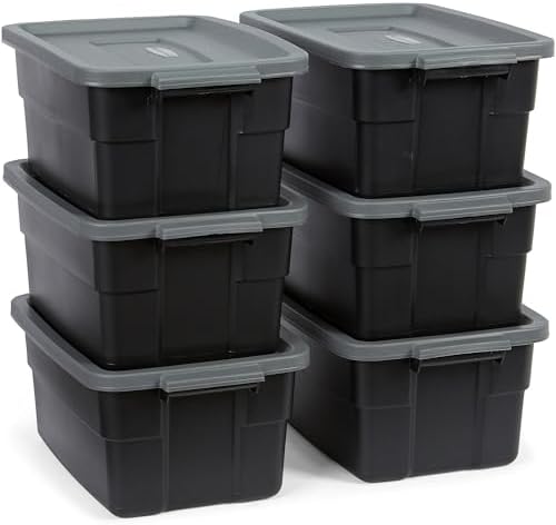 Rubbermaid 6-Pack Heavy Duty Durable 3 GAL Totes for Storage with Snap Lids and Handles, Plastic Storage Bins Stackable Black Gray for Home and Garage (3 GAL - 6 Pack Solid Black and Grey) by Rubbermaid