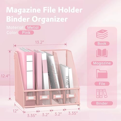4-Compartment Magazine File Holder and File Organizer for Desk, Pink - Image 3