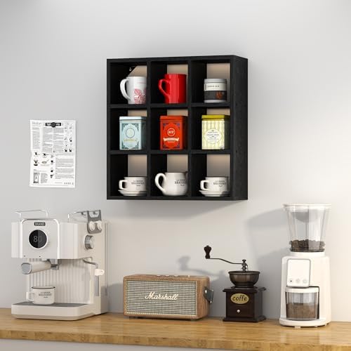 Helsin 9 Grid Vintage Coffee Mug Display Rack, 16inch Wall Mounted Wooden Curio Shadow Box Shelf, Cup Floating Shelves Display and Organizer (Black) - Image 4