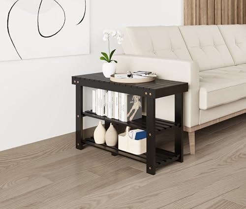 BEEFURNI Acacia Wooden Shoe Rack Bench for Entryway, 3-Tier, Black - Image 2