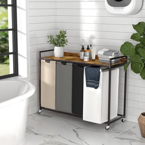 Herture Laundry Hamper with Shelf, Laundry Basket 4 Section, Laundry Sorter with Pull-Out Removable Large 4 Color Bags and Movable Wheels, Metal Frame, 4 x 15.87 Gallons (60L), Rustic Brown PF07XLN - Image 5