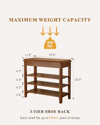 IUNVR Shoe Rack Bench Seat Rubberwood 3-Tier Wooden Storage Bench 550lbs Compact Mid-Century Modern Design for Entryway, Hallway, Closet, Front Door Entrance, Foyer - Image 2
