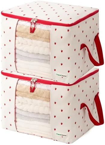 Chaos Cleared Canvas Storage Bags Designer Organizer 2 Pack – Seasonal Storage for Sweaters, Blankets, Linens & Garments – Foldable Design with Zip & Window (Strawberry Print) by ChaosCleared