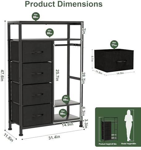 YOSHOOT 31.5" Dresser with Hanging Rack, Closet Dresser for Kids Bedroom - Image 2