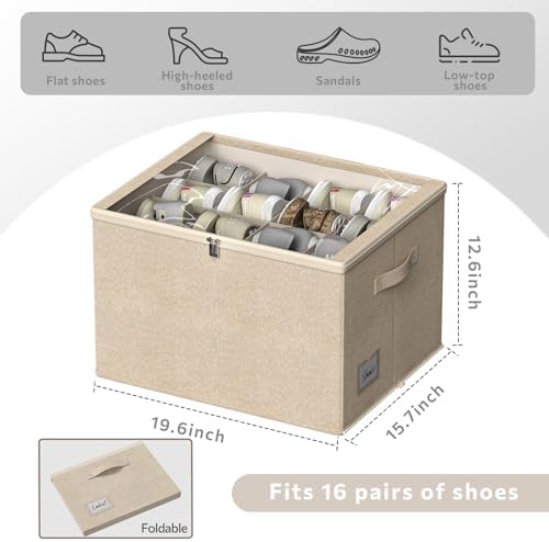 Shoe Organizer for Closet, 2 Pack Foldable Shoe Storage Box with Clear Cover and Adjustable Dividers, Stackable Storage Bins for Boots, Fits up to 32 Pairs (Beige, 19.7 × 15.7 × 12.6 in) - Image 2