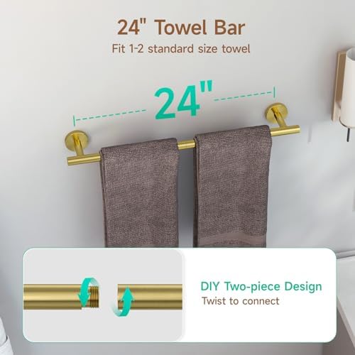 USHOWER 8PCS Light Gold Bathroom Hardware Set, 24-Inch Towel Bar Set - Image 4