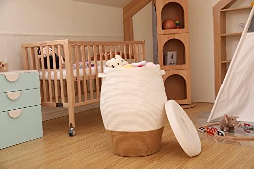 26"x20" Handcrafted Tall Cotton Rope Basket with Lid, Stylish Flagon Shape with Cover, Clothes Hamper with Top, for Bedroom and Living Room, White/Camel Bottom - Image 6