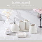 Ceramic Bathroom Accessory Set, 7 Pieces Countertop Accessories, Include Soap Dispenser, Toothbrush Holder, 2 Tumbler Cup, Soap Dish, Plastic Vanity Tray, Qtip Holder (White) - Image 5