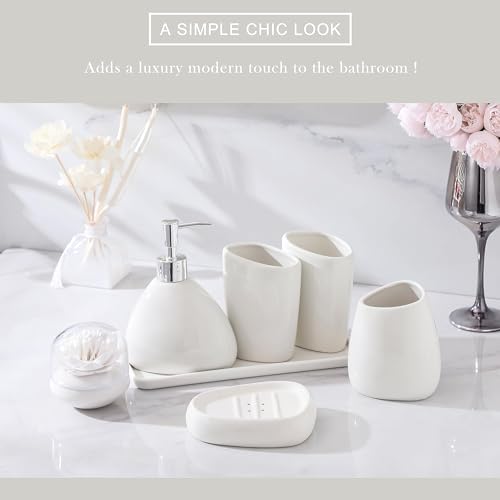 Ceramic Bathroom Accessory Set, 7 Pieces Countertop Accessories, Include Soap Dispenser, Toothbrush Holder, 2 Tumbler Cup, Soap Dish, Plastic Vanity Tray, Qtip Holder (White) - Image 5