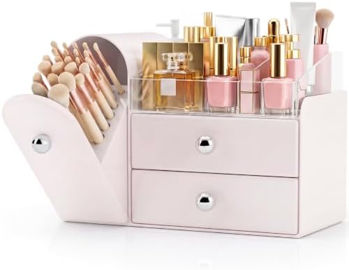 Makeup Organizer Countertop with Makeup Brush Holder,Pink by TRQWRO