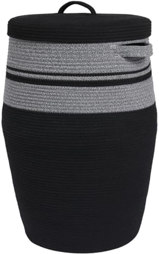 26"x20" Extra Large Tall Woven Laundry Basket with Lid, Cotton Rope Blanket Storage Basket, Freestanding Decorative Bin for Bedroom Living Room, Grey & Black Mix by Cottonphant