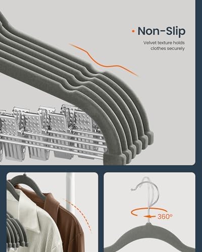 SONGMICS HOME Velvet Pants Hangers with Adjustable Clips, Non-Slip Space-Saving Clothes Hangers, 30 Pack, Shoulder Notches for Skirts, Gray - Image 5