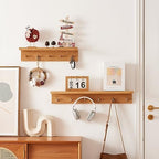 Oak Wood Coat Rack Wall Mount With Shelf 20 Inch Long, 5 Hooks, Floating Entryway Wall Shelf for Bathroom, Hallway, Living Room - Image 4