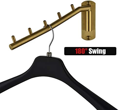 JQK Folding Clothes Hanger Rack, Stainless Steel Swing Arm Hook Holder, Clothing Hanging System Drying Closet Storage Organizer Brushed Gold Wall Mount 2 Pack, SHR100-BG-P2 - Image 3