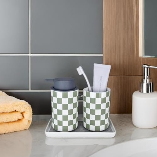 Bathroom Toothbrush Holder Set, Ceramic Soap Dispenser and Tooth Brush Holder Set, Modern Bathroom Accessories Sets Countertop, Checkered Bathroom Decor, Sage Green Bathrooms Decorative - Image 7