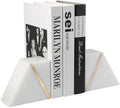 Natural Marble Bookends for Shelves, Decorative Book Ends for Heavy Books, Heavy Duty Mid Century Modern White and Gold Stone Book Holders with Brass Inlay, Unique Bookshelf Stopper Decor, Set of 2 by BCS
