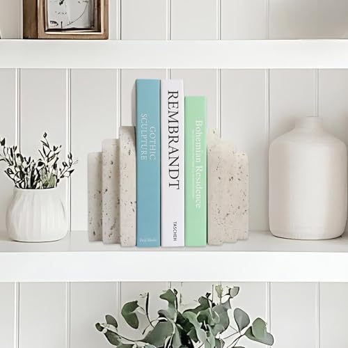 Decorative Book Ends for Shelves - Boho Aesthetic Bookends Decor - Heavy Duty Travertine Book Stopper Holder for Home Office Desk Coffee Table (Grey) - Image 3