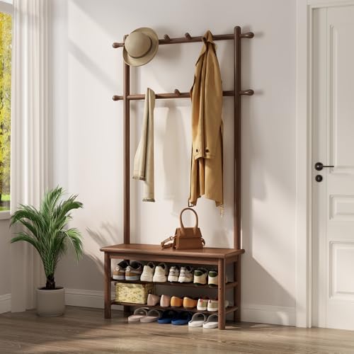 AQIMUELE Coat Rack with Shoe Storage, Wooden Hall Tree with Bench, 11 Hooks and 2-Tier Storage Shelves, 3-in-1, Entryway Bench with Coat Rack (31.5"-Walnut) by AQIMUELE