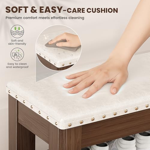 Shoe Bench for Entryway, Solid Rubberwood Shoe Bench with Hidden Storage, Adjustable 2-Tier Shelves & Soft PU Leather Seat, Shoe Rack Durable Easy Assembly for Hallway or Bedroom - Beige, 23.6" - Image 7